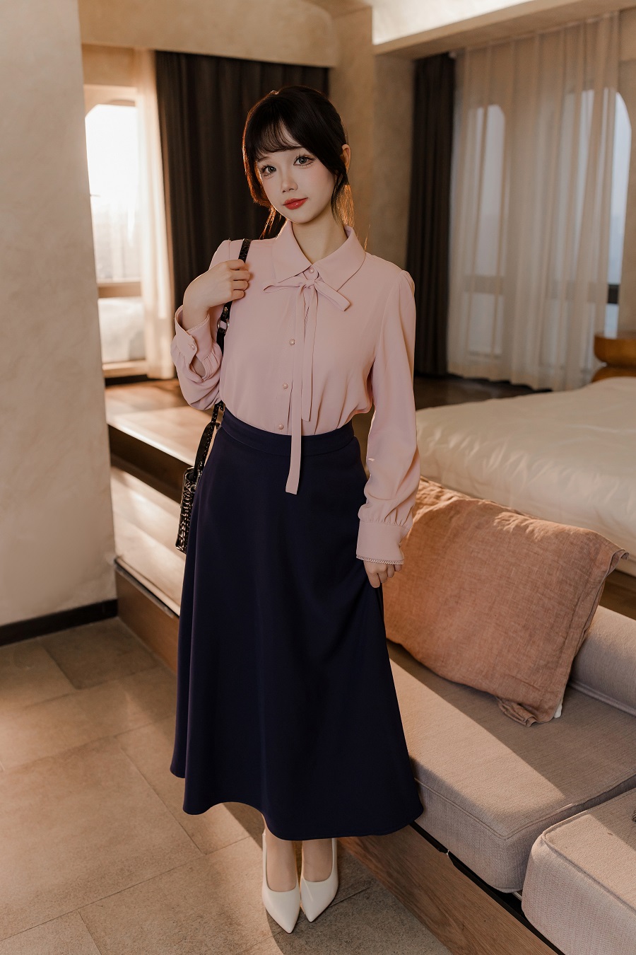 雪晴Astar-粉藏青通勤长裙OL[72P+1V] 小姐姐 预览1图